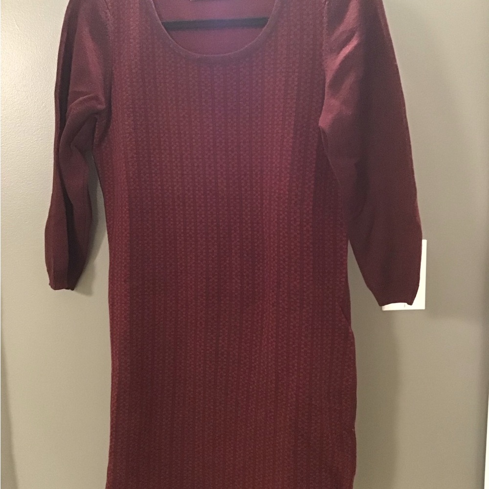 Red Midi Sheath Dress with Long Dolman Sleeves and Scoop Neck for Casual Work